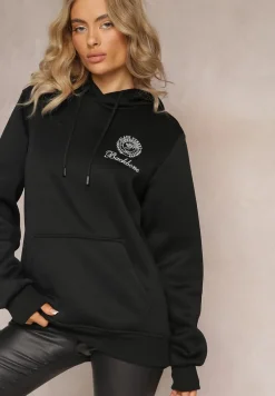 Czarna Klasyczna Bluza z Kieszenią i Kapturem oraz Nadrukiem Asolita