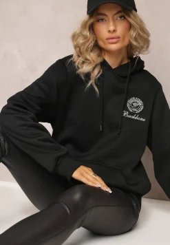 Czarna Klasyczna Bluza z Kieszenią i Kapturem oraz Nadrukiem Asolita