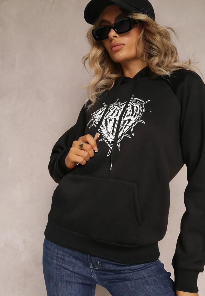 Czarna Klasyczna Bluza z Nadrukiem na Przodzie i Kapturem Inalle