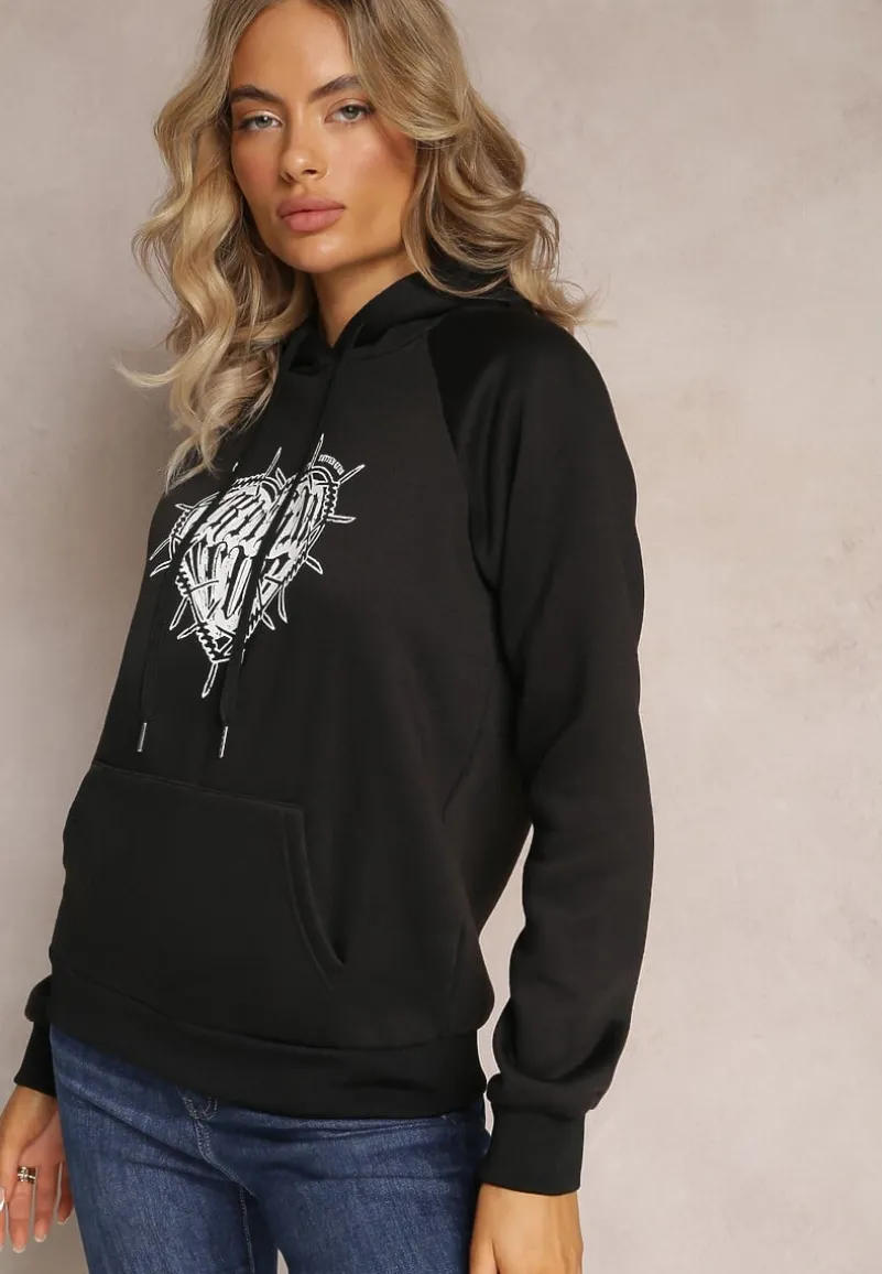 Czarna Klasyczna Bluza z Nadrukiem na Przodzie i Kapturem Inalle
