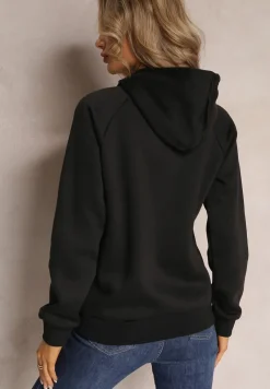 Czarna Klasyczna Bluza z Nadrukiem na Przodzie i Kapturem Inalle