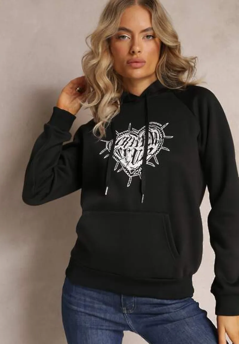 Czarna Klasyczna Bluza z Nadrukiem na Przodzie i Kapturem Inalle