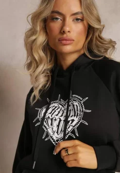 Czarna Klasyczna Bluza z Nadrukiem na Przodzie i Kapturem Inalle