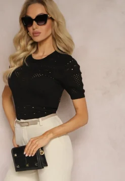 Czarna Klasyczna Bluzka w Ażurowy Wzór Lidakra