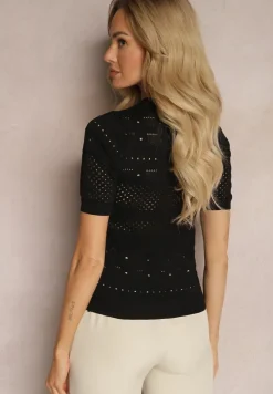 Czarna Klasyczna Bluzka w Ażurowy Wzór Lidakra