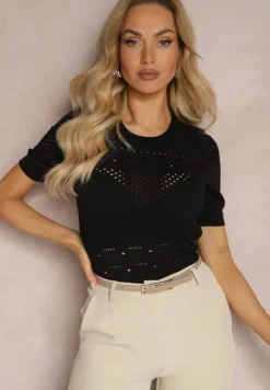 Czarna Klasyczna Bluzka w Ażurowy Wzór Lidakra