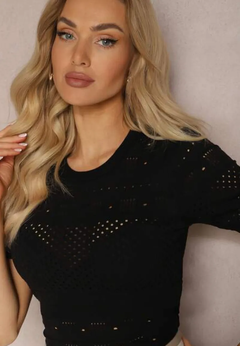 Czarna Klasyczna Bluzka w Ażurowy Wzór Lidakra