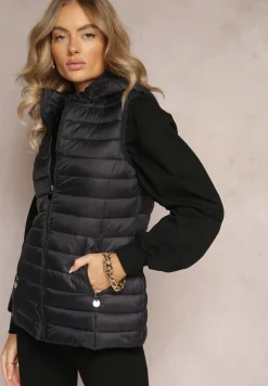 Czarna Klasyczna Kamizelka z Pikowaniem i Kapturem oraz Kieszeniami na Suwaki Nuvleca