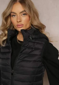 Czarna Klasyczna Kamizelka z Pikowaniem i Kapturem oraz Kieszeniami na Suwaki Nuvleca