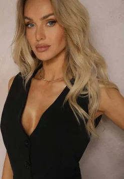 Czarna Klasyczna Kamizelka w stylu Garniturowym z Guzikami Riea