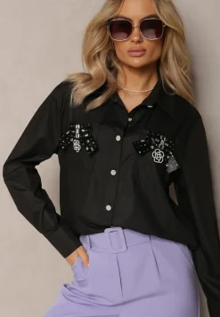 Czarna Klasyczna Koszula z Kieszeniami Zdobiona Cyrkoniami i Kwiatowym Detalem Herlla