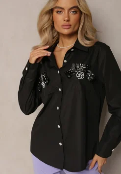 Czarna Klasyczna Koszula z Kieszeniami Zdobiona Cyrkoniami i Kwiatowym Detalem Herlla