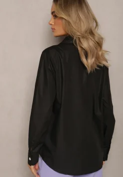 Czarna Klasyczna Koszula z Kieszeniami Zdobiona Cyrkoniami i Kwiatowym Detalem Herlla