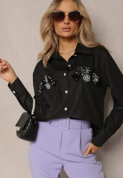 Czarna Klasyczna Koszula z Kieszeniami Zdobiona Cyrkoniami i Kwiatowym Detalem Herlla