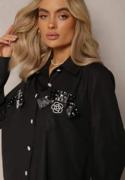 Czarna Klasyczna Koszula z Kieszeniami Zdobiona Cyrkoniami i Kwiatowym Detalem Herlla