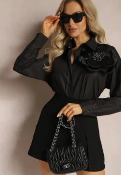 Czarna Klasyczna Koszula z Aplikacją 3D z Kwiatowym Motywem Xirena