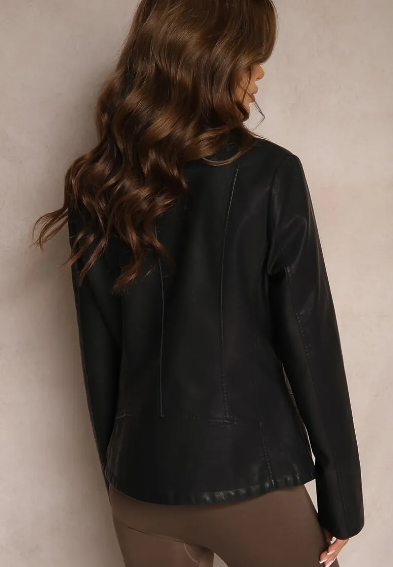 Czarna Klasyczna Kurtka o Kroju Ramoneski z Napami Merithelle