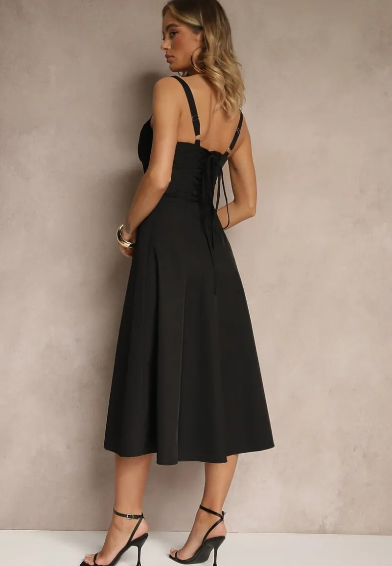 Czarna Koktajlowa Sukienka Gorsetowa Vices z Rozkloszowanym Dołem Kolinnea