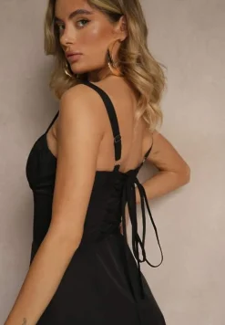 Czarna Koktajlowa Sukienka Gorsetowa Vices z Rozkloszowanym Dołem Kolinnea