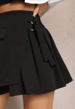Czarna Kopertowa Spódnica Mini w Stylu Cargo z Paskami Eire