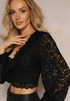 Czarna Koronkowa Bluzka o Krótkim Fasonie z Mankietami Skylame