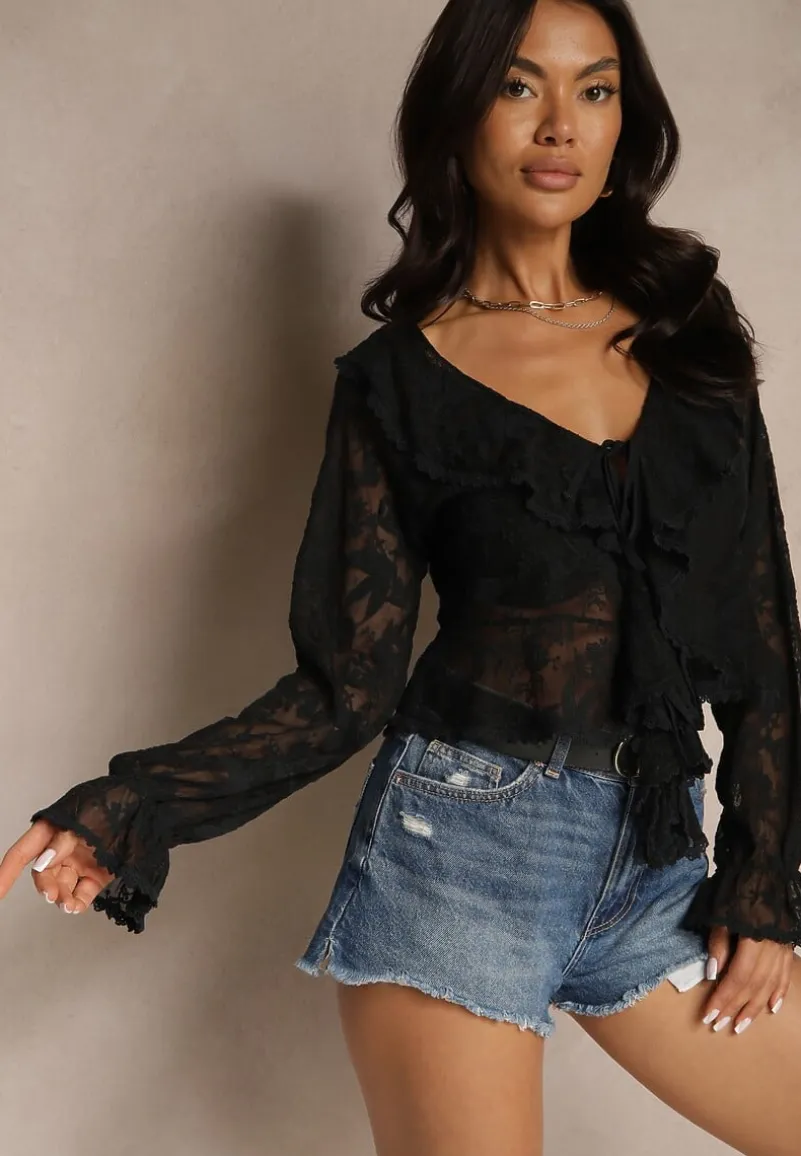 Czarna Koronkowa Bluzka z Ozdobnym Wiązaniem i Falbanami Mireselia