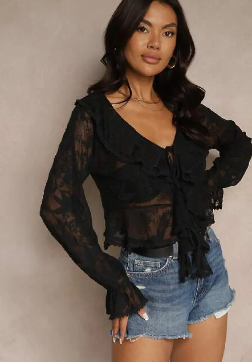 Czarna Koronkowa Bluzka z Ozdobnym Wiązaniem i Falbanami Mireselia