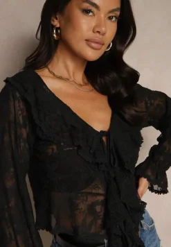 Czarna Koronkowa Bluzka z Ozdobnym Wiązaniem i Falbanami Mireselia