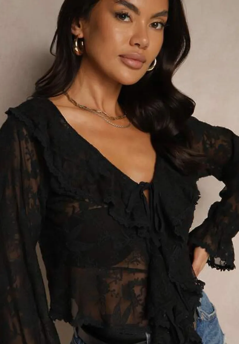 Czarna Koronkowa Bluzka z Ozdobnym Wiązaniem i Falbanami Mireselia