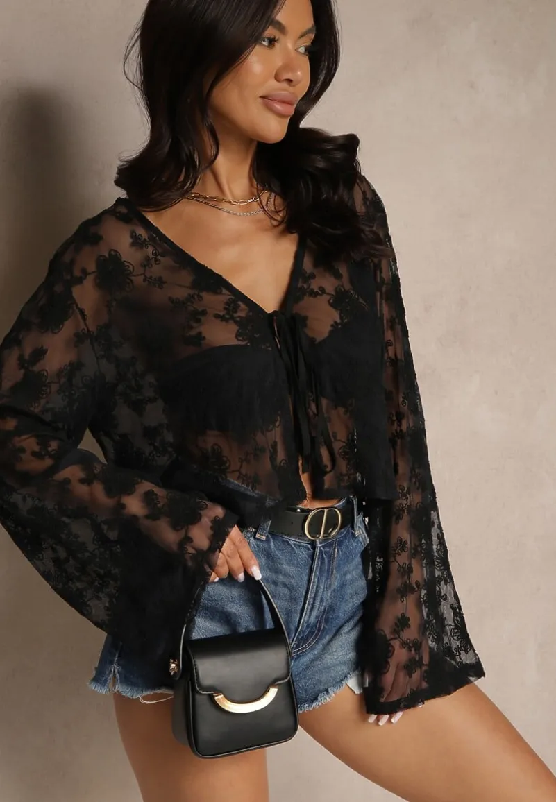 Czarna Koronkowa Bluzka z Bawełną i Wiązaniem Elniran
