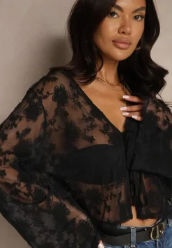 Czarna Koronkowa Bluzka z Bawełną i Wiązaniem Elniran