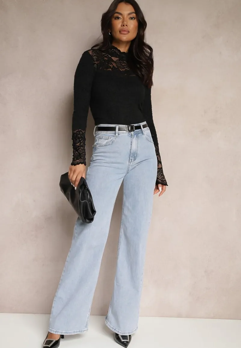 Czarna Koronkowa Bluzka z Golfem Olvesin