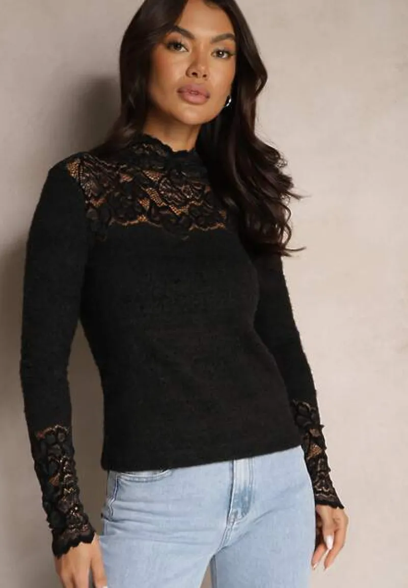 Czarna Koronkowa Bluzka z Golfem Olvesin