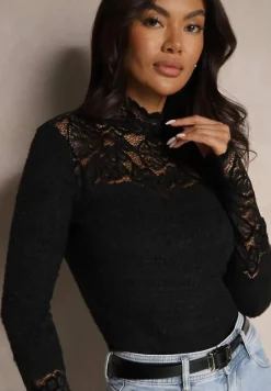 Czarna Koronkowa Bluzka z Golfem Olvesin