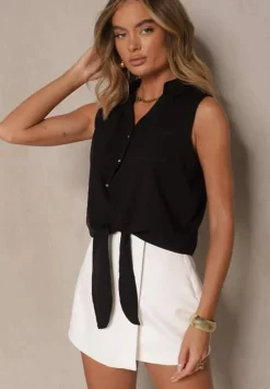Czarna Koszula Bez Rękawów z Wiązaniem na Dole z Wiskozy Devirae