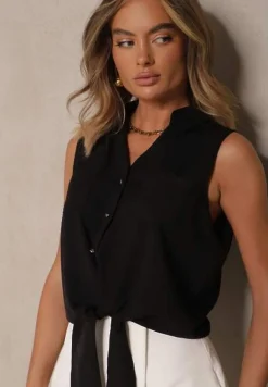 Czarna Koszula Bez Rękawów z Wiązaniem na Dole z Wiskozy Devirae