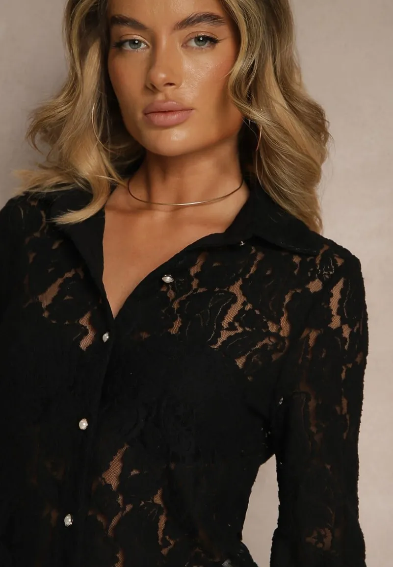 Czarna Koszula Koronkowa na Guziki Acameda