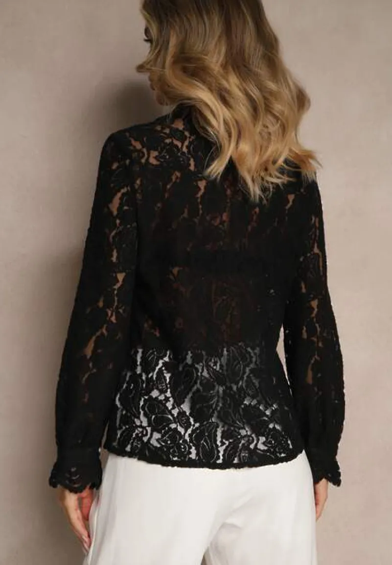 Czarna Koszula Koronkowa na Guziki Acameda