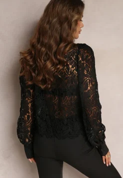 Czarna Koszula Koronkowa z Wiązaniem przy Szyi Vilanfa