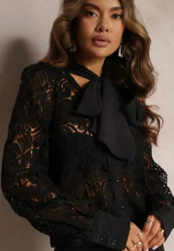 Czarna Koszula Koronkowa z Wiązaniem przy Szyi Vilanfa
