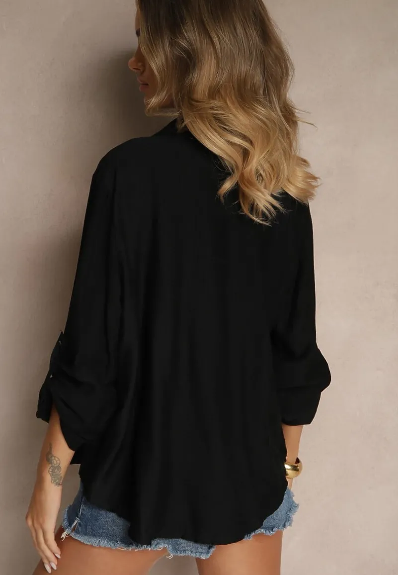 Czarna Koszula o Kroju Oversize z Podpinanymi Rękawami Jenitta