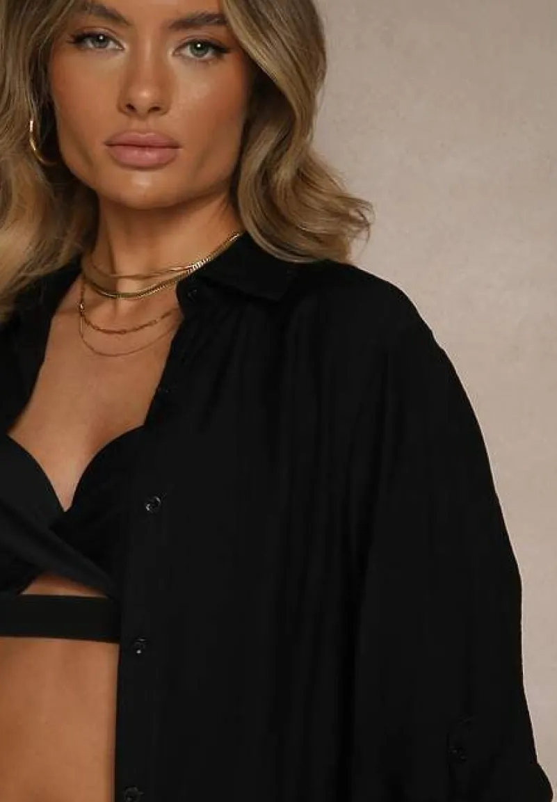 Czarna Koszula o Kroju Oversize z Podpinanymi Rękawami Jenitta