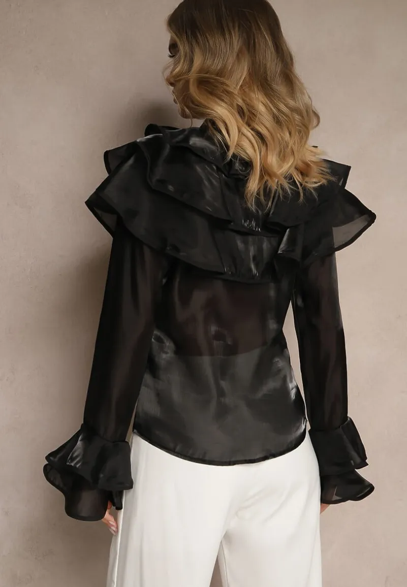 Czarna Koszula Ozdobiona Falbankami Ridina