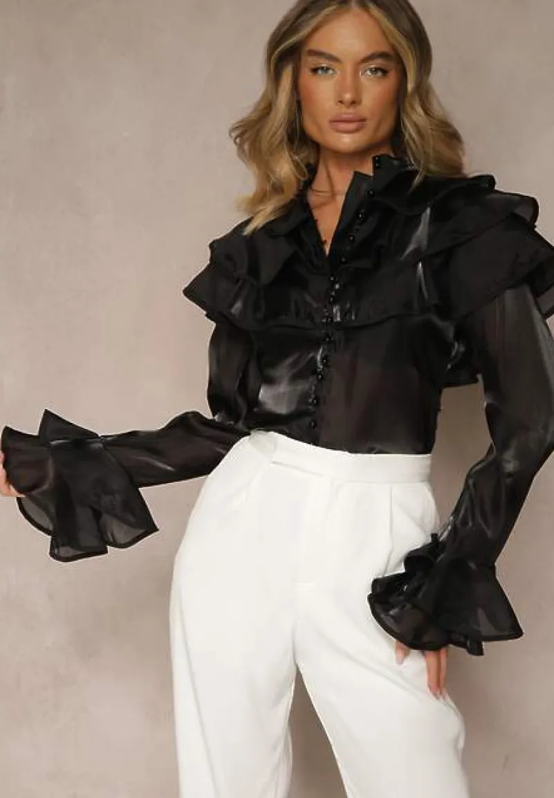 Czarna Koszula Ozdobiona Falbankami Ridina