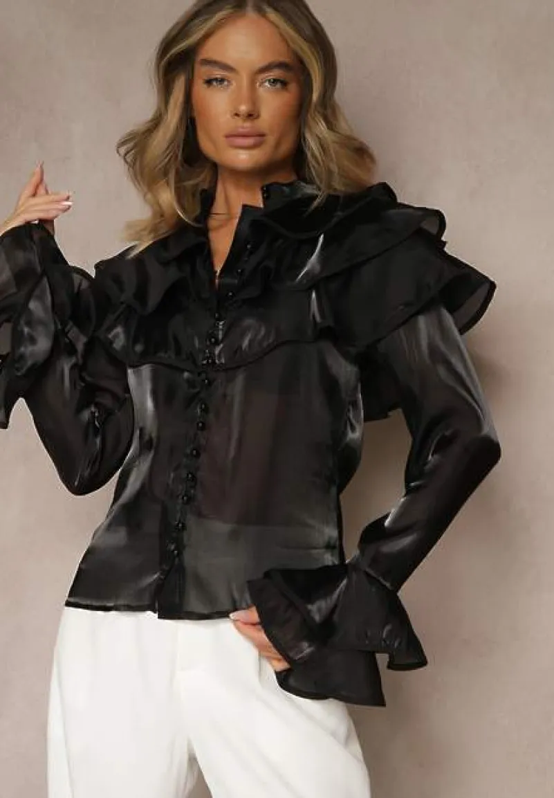 Czarna Koszula Ozdobiona Falbankami Ridina