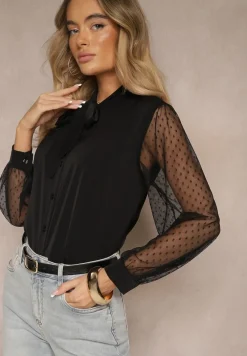 Czarna Koszula Ozdobiona Wiązaniem i Transparentnymi Rękawami Aennora