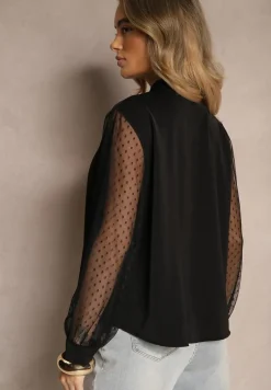 Czarna Koszula Ozdobiona Wiązaniem i Transparentnymi Rękawami Aennora