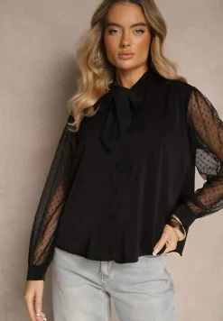 Czarna Koszula Ozdobiona Wiązaniem i Transparentnymi Rękawami Aennora