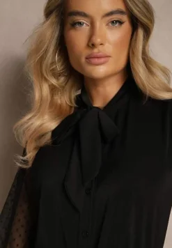 Czarna Koszula Ozdobiona Wiązaniem i Transparentnymi Rękawami Aennora