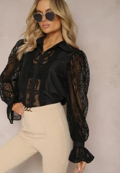Czarna Koszula Ozdobiona Ornamentalną Koronką z Luźnymi Rękawami Eralla